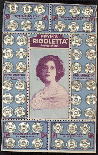 Antique Sewing 1910 Early Card of Rigoletta Pryms (Studs) Superb Graphics
