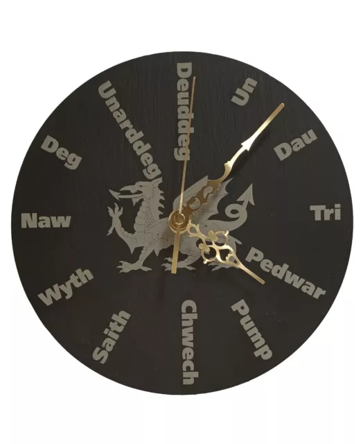 Genuine Welsh Slate Wall Clock With Welsh Dragon Design, Silent Non-Ticking