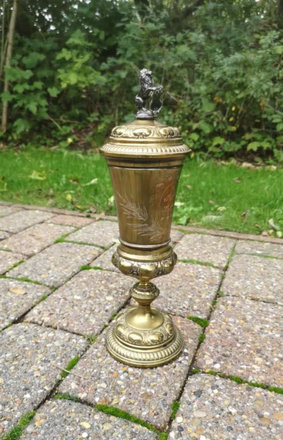 großer alter Jugendstil WMF Pokal mit Löwe / Trinkkelch Trophäe / Straußenmarke 2