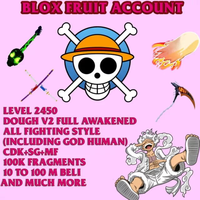 Blox Fruit Account Lv:2450Max, Awaken Quake, GodHuman, Hallow scythe, Soul Guitar, Unverified Account