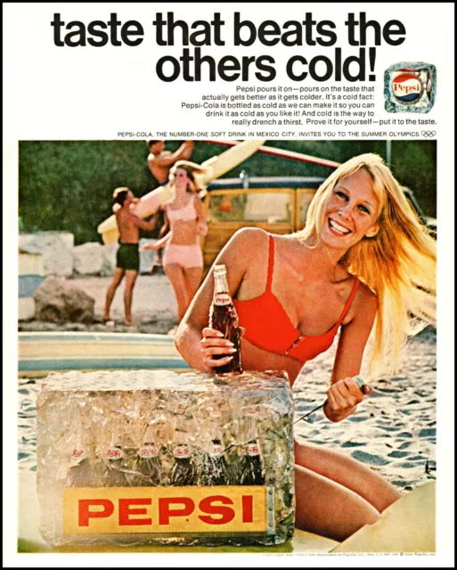 1968 Blonde teen girl Pepsi Cola ice block beach vintage photo print ad adl85