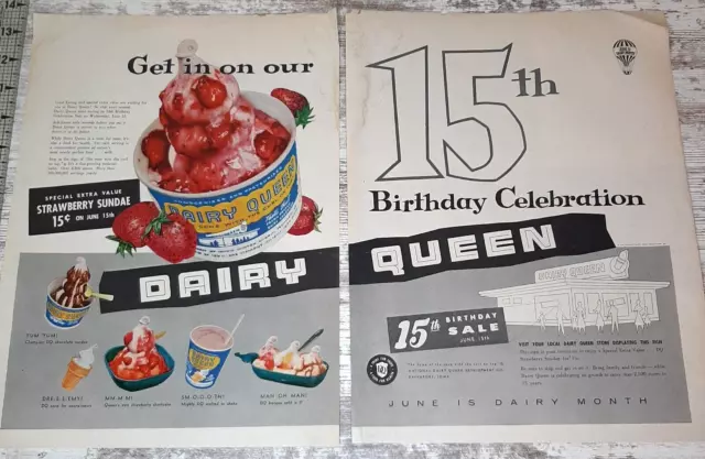 1955 Dairy Queen Vintage 2 Page Print Ad Strawberry Sundae Banana Split Cone