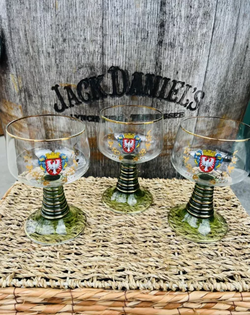 Set Of Three German Goblets - Green Beehive Base Frankfurt Crest 3 3/8” Gold Rim