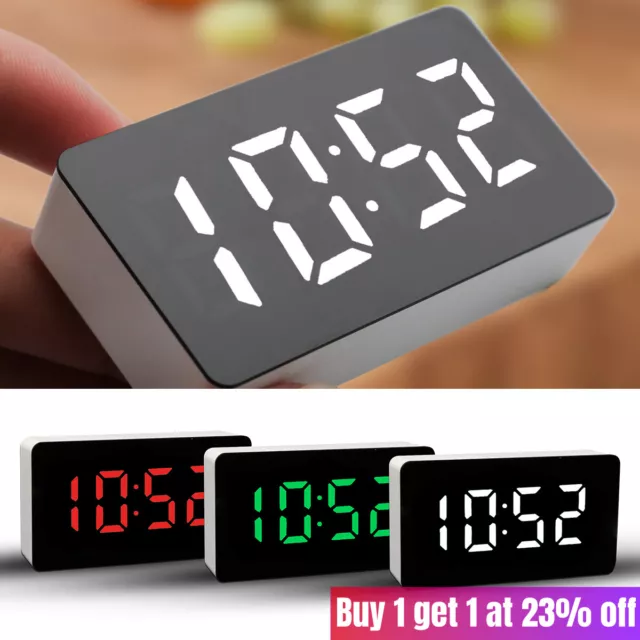 Digital LED Desk Alarm Clock Large Mirror Display USB Snooze Temperature Mode
