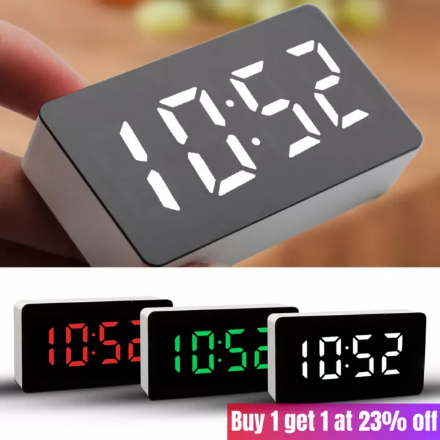 Digital LED Desk Alarm Clock Large Mirror Display USB Snooze Temperature G  4R