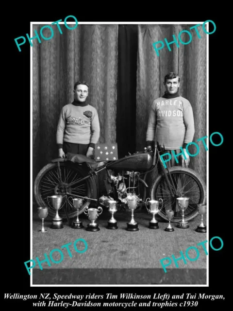 6x4 HISTORIC PHOTO OF HARLEY DAVIDSON SPEEDWAY MOTORCYCLE RIDER & TROPHIES c1930
