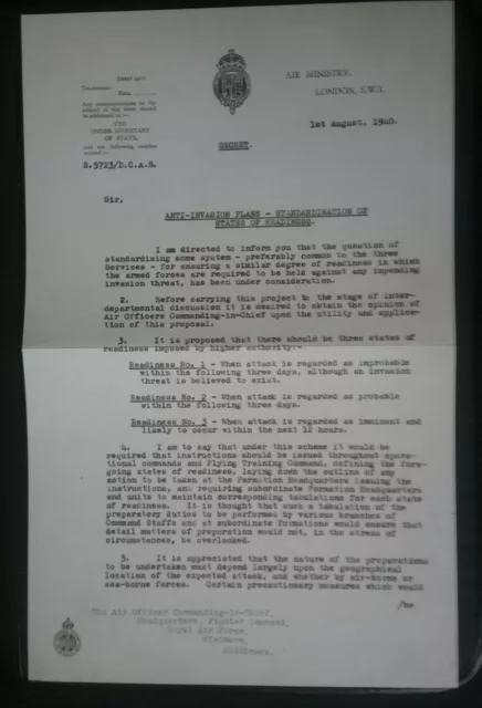 Battle Of Britain : Air Ministry Letter 1St August 1940 Alert Of German Invasion