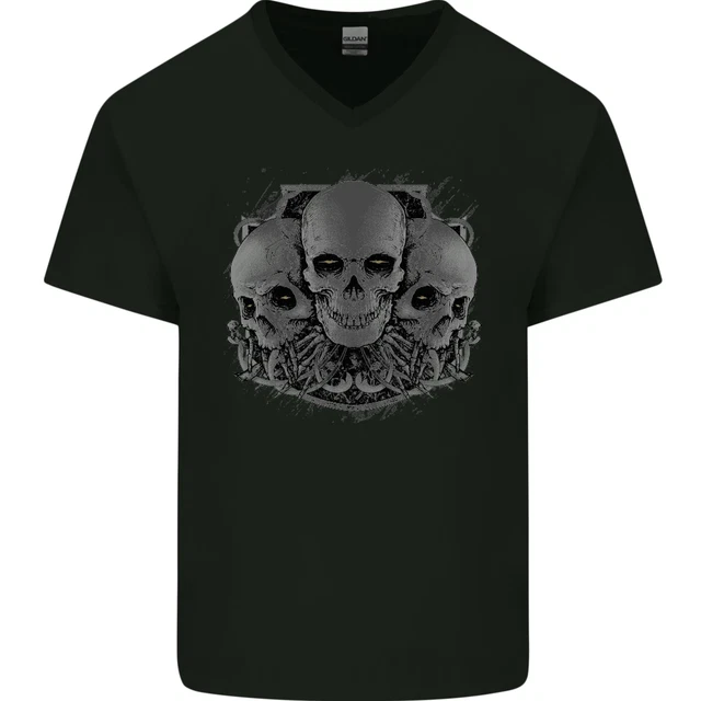 T-shirt da uomo Gothic Skulls Biker moto scollo a V cotone