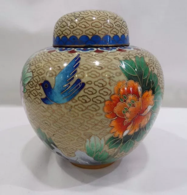 Vintage Chinese Cloisonne Ginger Jar W/Lid Floral & Bird Design