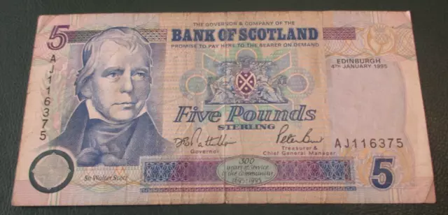 Bank of Scotland Five Pound Note 1995 - British Sterling - Circulated