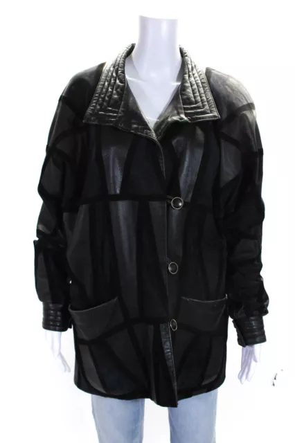 Yves Saint Laurent Womens Geometric Leather Buttoned Jacket Black Navy Size XL
