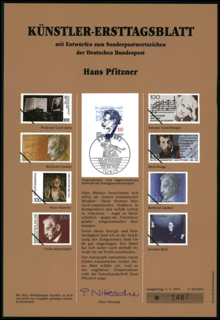 Brd Künstler-Etb 1994/18 1736 Hans Pfitzner Musik Komponist Entwürfe!! Music