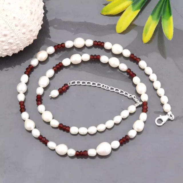 Wunderschöne weiße Perle mit Granat Sterling Silber Perlen Halskette...