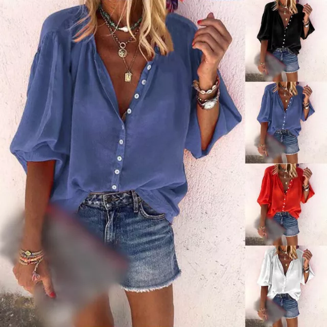 Nützlich Täglich Damen Tops Shirt Bluse Einfarbig Outdoor V-Ausschnitt