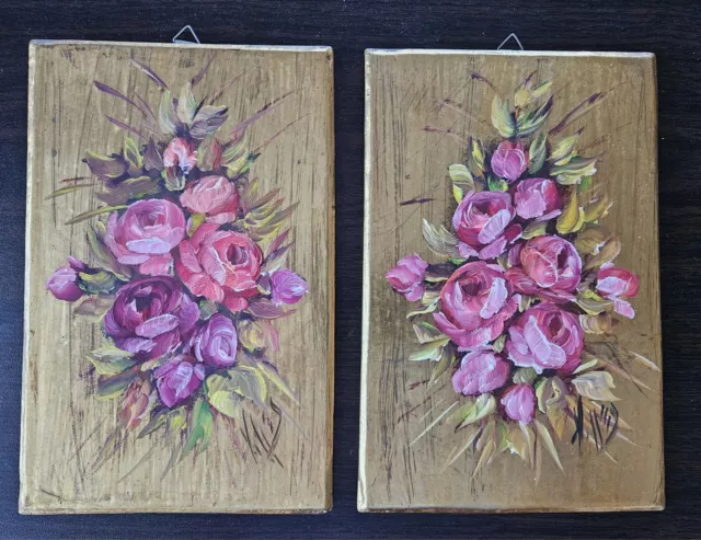 Pair Vtg Signed by Artist Oil Paintings Roses On Wood Panel Plaques  6" x 9.25"