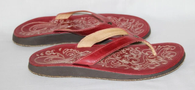 Olukai Leather Sandals Red Paniolo Flip Flop Slip On Comfort Women's SZ 10/40