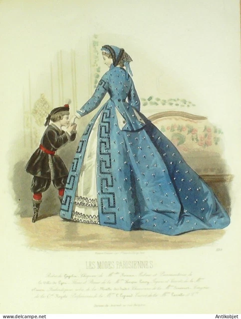 Gravure Modes parisiennes 1864 n°1135 Robe tissu ornée de rubans velours brodés