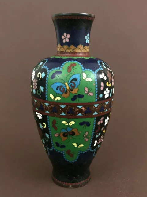 Antique Fine Japanese Meiji Period Cloisonne Bronze Vase Flowers Butterflies 8''