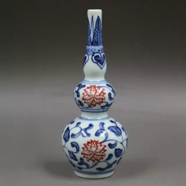 5.31" Chinese Blue and White Porcelain Qing Qianlong Red Lotus Gourd Shape Vase