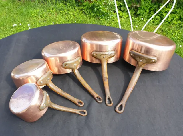 Vintage French Copper Saucepan Set of 5 Graduated Pans Tin Lining
