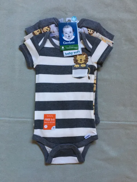 Set 3 Baby Boy Gerber Cotton Onesies Lions Stripes 6-9 Months Baby Shower Gift