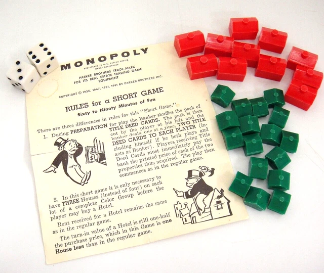 VINTAGE MONOPOLY RULES For Short Game Houses Hotels Dice From 1961 Game