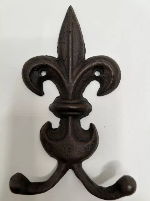 Fleur De Lis Rustic Double Wall Hook Cast Iron Key Coat Towel Hanger Lily Flower