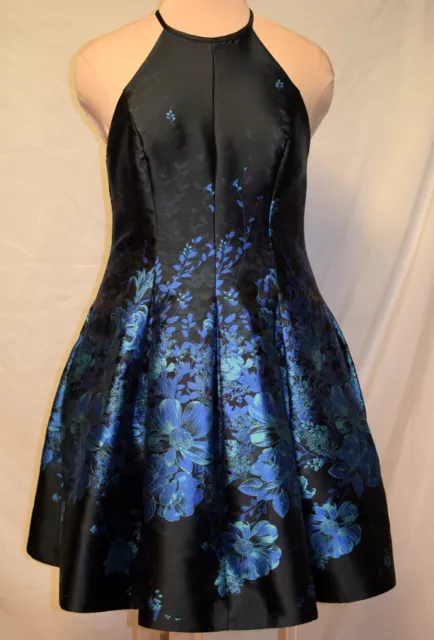 Carmen Marc Valvo Infusion Black Blue Floral Jacquard Halter Mesh Back Dress-10