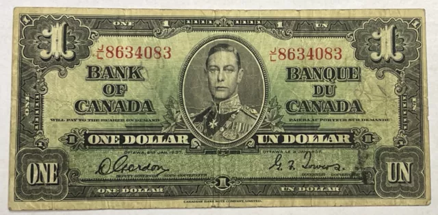 1937 Canada, Bank Of Canada, $1 One Dollar, King George Vi, J-L, Original Fine