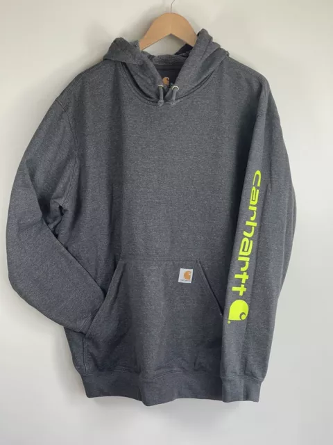 Carhartt Hoodie Sweatshirt Sleeve Spellout  Grey Mens Size XL Sleeve Logo