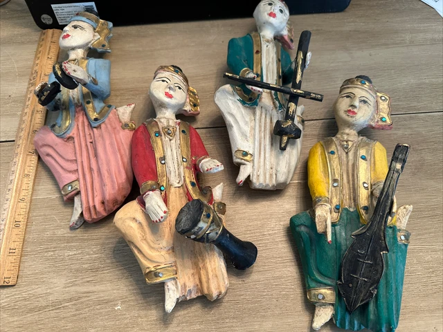 4 Vtg Hand Carved And Painted Burmese Made In Thailand Musical Wall Decor
