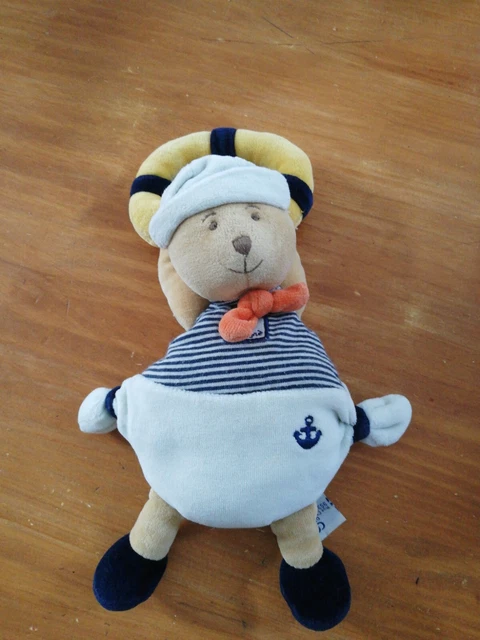 Doudou Et Compagnie Ours blanc Marin Bouée Jaune Ancre Rayé Bleu marine Orange