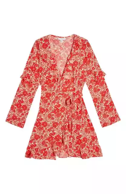 Topshop Womens 8 Red Floral Print Ruffle Long Sleeve Wrap Mini Dress NWT Orange 3