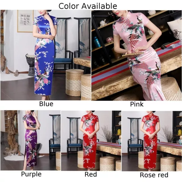 Women Satin Daily Dress Qipao Cheongsam Long Print Flower Chinese Summer S 3XL