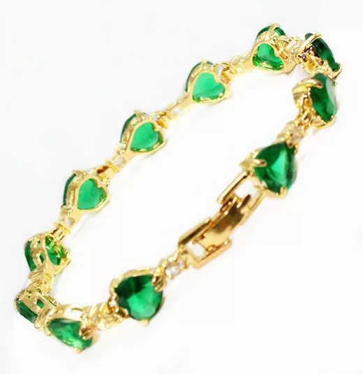 Green Cubic Zirconia Heart Yellow Gold Plated Crystal Link Clasp Bangle Bracelet