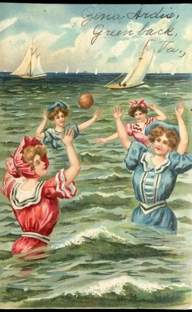 Antique Postcard Edwardian Gibson Girls Playing Beach Ball Ocean Undivided 1906