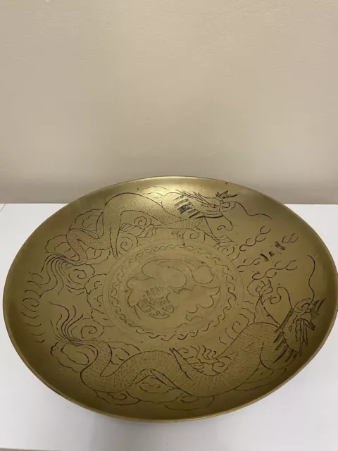 Chinese Vintage Shallow Brass Bowl Etched Engraved Dragons 12inch