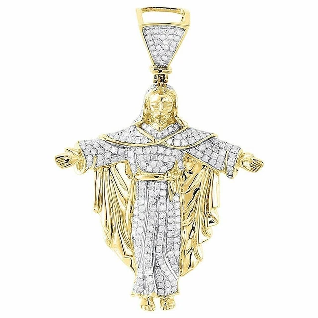 1.60Ct Round Moissanite Men's Jesus Christ Pave Pendant 14K Yellow Gold Plated