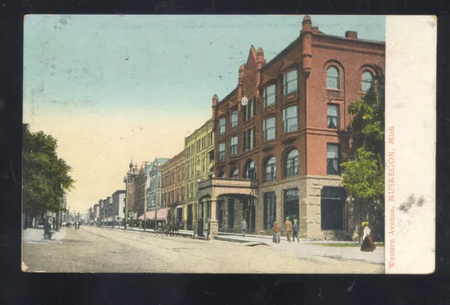 Muskegon Michigan Downtown Street Scene Stores Vintage Postcard