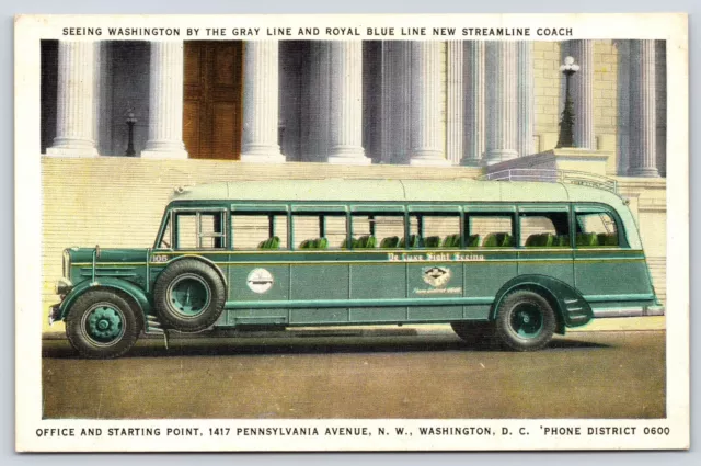 Vintage Postcard Old Sight Seeing Bus Streamline Coach Gray Line and Royal Blue