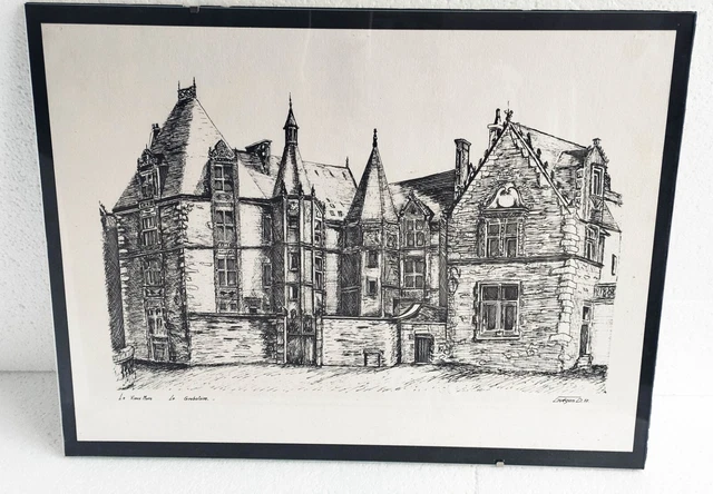 Dessin à L'encre De Chine Signé R. FAT 1936 - Rue Près D'une église, Cadre Inclus - Très Bon état