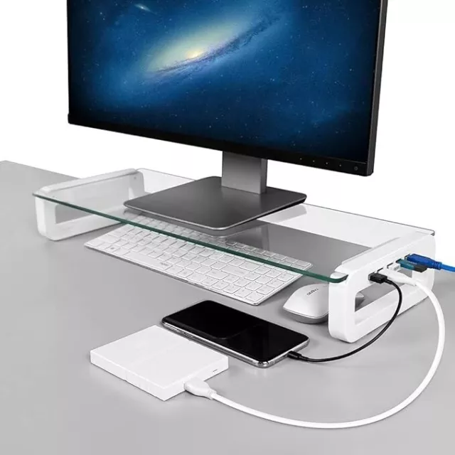 Monitor Stand Riser 4-Port USB 3.0 Hub Tempered Glass Monitor Stand Quick Charge