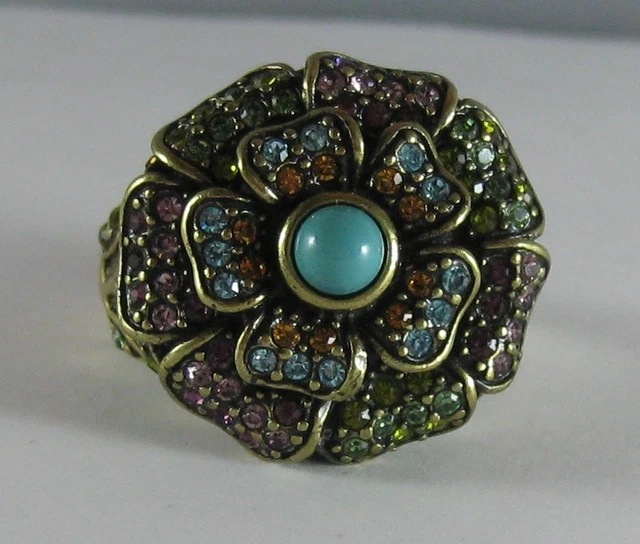 Retired HEIDI DAUS Floral Passion Turquoise Pink Swarovski Crystal Ring size 12
