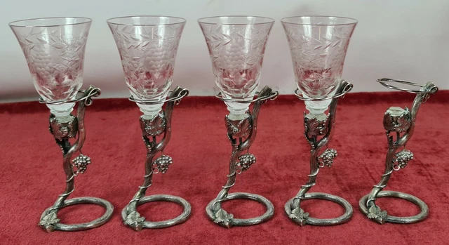 Set Of 5 Cups In Modernist Style. Silver Base. Cut Glass. S. Xx.