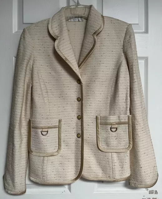 ST JOHN COLLECTION Ivory Beige Button Up Pockets Satin Trim Tweed Blazer Jacket