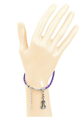 Purple braided leather bracelet with violin charm & lobster claw clasp free post