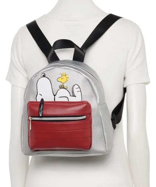 New Mini Backpack Peanuts Snoopy & Woodstock Gray Red Black By Bio world