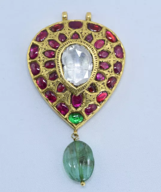 Mughal style antique 22 kt Gold Ruby, Emerald , Un- cut Diamond  Pendent