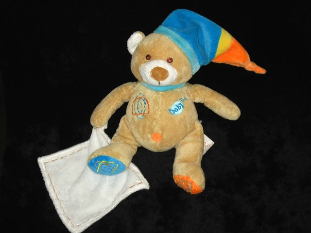 Doudou Ours marron beige bonnet bleu orange mouchoir blanc Babynat' Baby Nat'