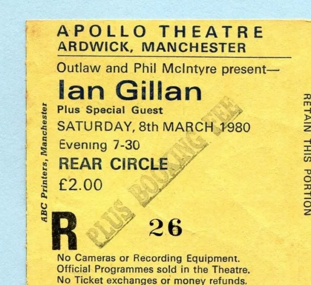 1980 Ian Gillan from Deep Purple Concert Ticket Stub Manchester Glory Road 10/8